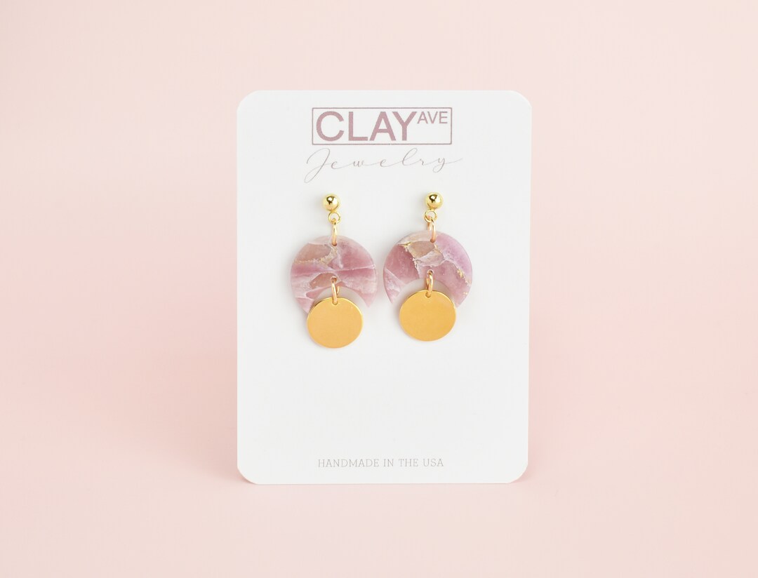 Purple Faux Stone Polymer Clay Earrings Moon Dangles